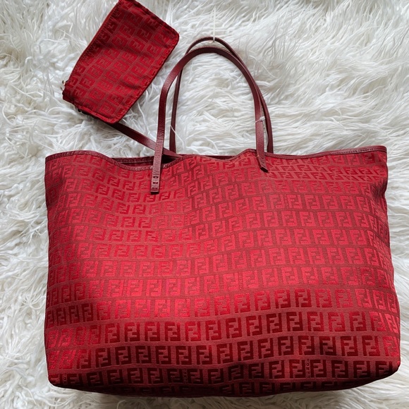 Fendi Handbags - Vintage Fendi FF Zucchino Red Canvas Roll Tote Bag